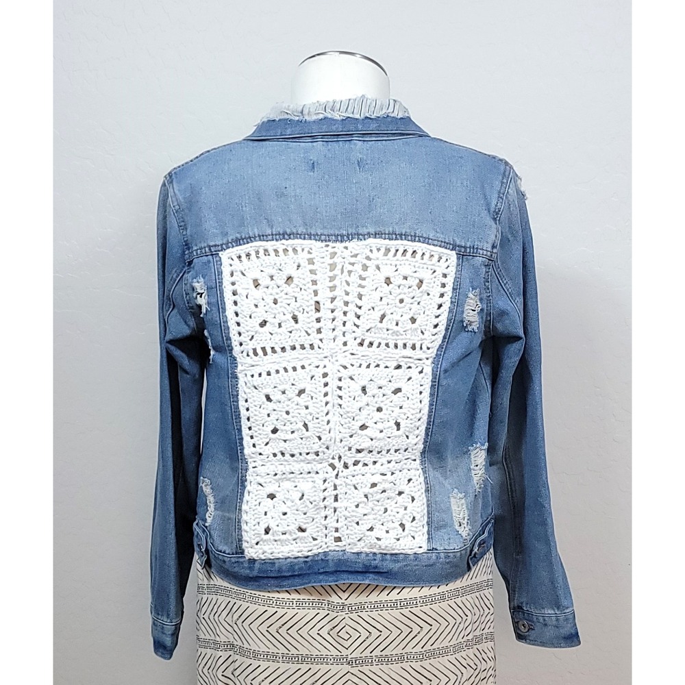 Upcycled Womens Medium Denim Trucker Jacket Hand‑Crocheted Back Distressed Boho